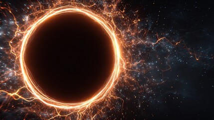 A glowing, fiery ring encircles a black void against a cosmic background. Sparks and energy flow