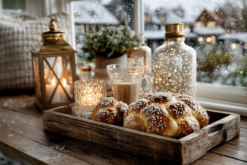 Cozy Winter Interior with Lanterns and Freshly Baked Brioche for Holiday Ambiance