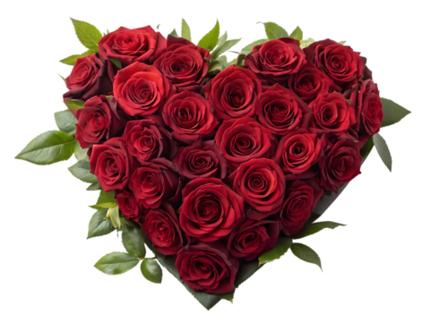 Heart shaped bouquet of red roses isolated on transparent background