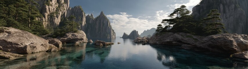 Exported hdr panoramic scene of majestic nature landscape tranquil waters high definition viewpoint