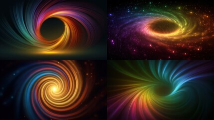 A quartet of vibrant, abstract swirling vortexes with dynamic colors and light, resembling portals