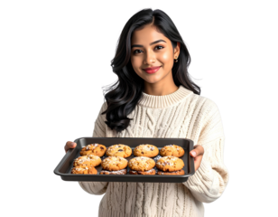 Woman in Cozy Sweater Holding Tray of Freshly Baked Christmas Cookies, Transparent Background