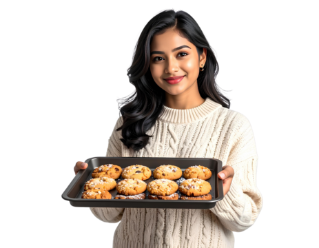 Woman in Cozy Sweater Holding Tray of Freshly Baked Christmas Cookies, Transparent Background
