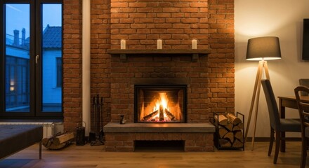 Cozy brick fireplace in a modern living room