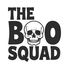 Get ready for spooky season fun with this "The Boo Squad" graphic featuring a cool skull design perfect for Halloween celebrations and party themes.