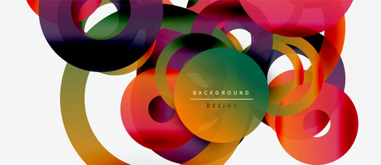Abstract colorful circles overlap, creating dynamic composition. Modern design elements suggest fluidity, energy, vibrancy. Background is white.