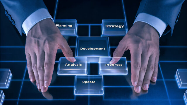 digital business strategy handshake between executives over virtual data interface representing innovation technology and partnership in futuristic corporate environment