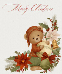 Vintage style Christmas card with teddy bear and green and red florals