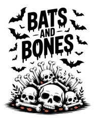 Spooky Halloween bats and bones design with dripping text, perfect for festive decorations and apparel