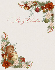 Vintage style Christmas card with teddy bear and green and red florals