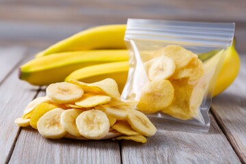Banana chips spill from a bag amidst a bunch of fresh bananas set against a rustic wood surface