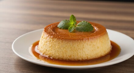 Creamy custard dessert with caramel sauce, topped with mint leaves on a white plate, resting on a wooden table