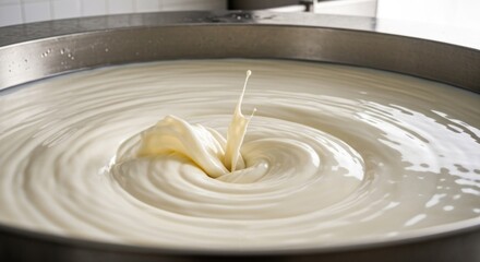 Creamy milk swirling in a large stainless steel bowl.  A splash of milk is radiating outwards