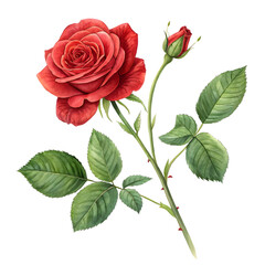 Watercolor red rose with leaves isolated on transparent background