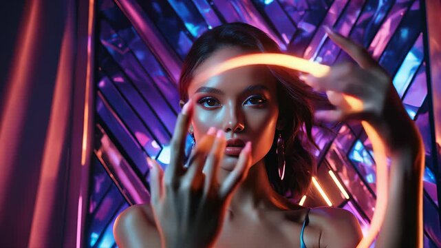 Young woman poses elegantly against a vibrant neon backdrop in a modern setting during the evening hours