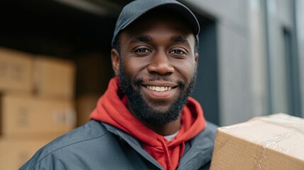 Man smiling holding box in front of truck.