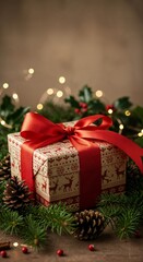 Greeting card with christmas gift box, fir tree branches, cones, lights and a place for text