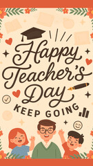 Elegant Teacher’s Day Greeting Card with Cursive Typography and Cartoon Characters, Teacher's Day, Happy Teacher's Day, teacher appreciation,