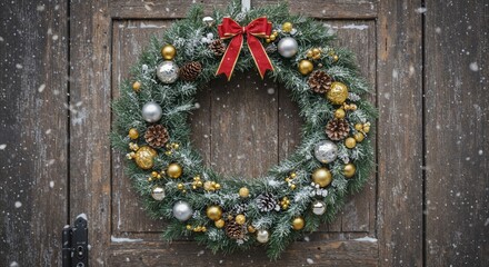 A Christmas wreath on the wooden door 