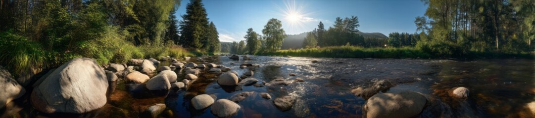 Serene river flow lush forest hdr panoramic scene natural environment 360-degree viewpoint