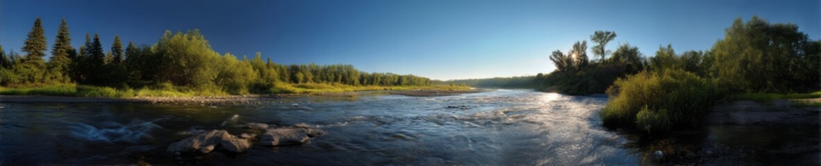 Fototapeta premium Serene flowing river scene nature hdr panoramic view 360-degree landscape tranquil environment