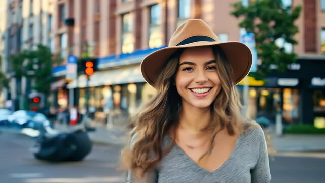 Smiling woman with hat enjoying a sunny day in a vibrant city street