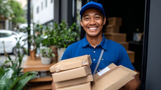 Man holding boxes outside.