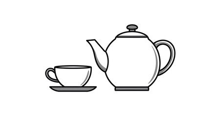 Simple White Teapot and Cup Set with Black Outlines and Shadows