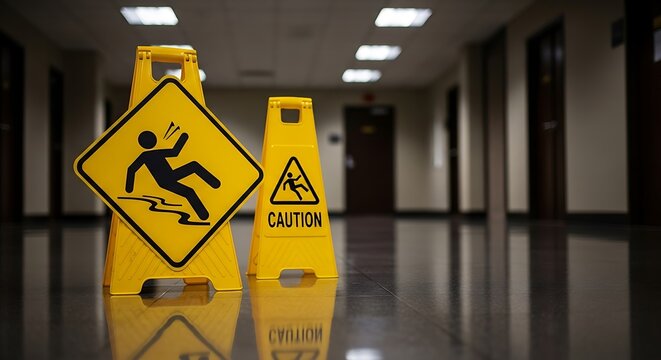 Caution Wet Floor Sign in Hallway.