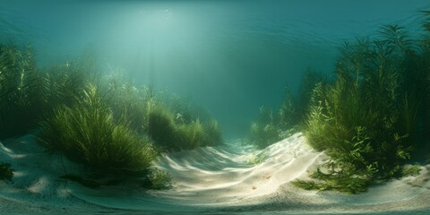 Serene underwater hdr panoramic scene in tranquil waters 360-degree view of aquatic life