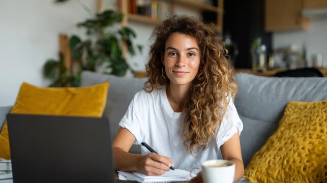 Woman writing in coffee shop.