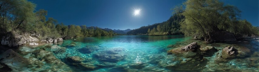 Breathtaking hdr 360-degree panoramic scene of shallow turquoise waters nature clear sky vibrant landscape