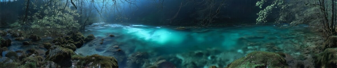 Hdr 360-degree panoramic scene of shallow turquoise river nature underwater serene environment