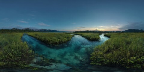 Exported hdr 360-degree panoramic scene of a shallow turquoise river at twilight nature landscape