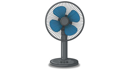 Grey electric table fan with four bright blue blades and a protective grill.