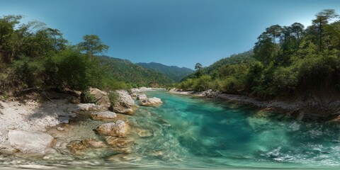 Stunning hdr panoramic scene of shallow turquoise river nature landscape 360-degree view