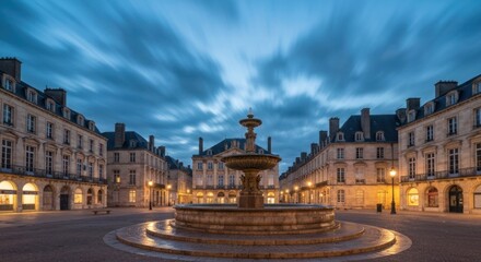 Dawn over a European square with fountain