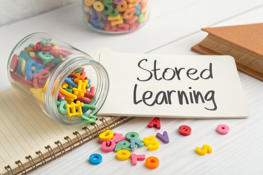 Colorful alphabet letters spilled from a jar onto a notebook, symbolizing stored learning and creativity