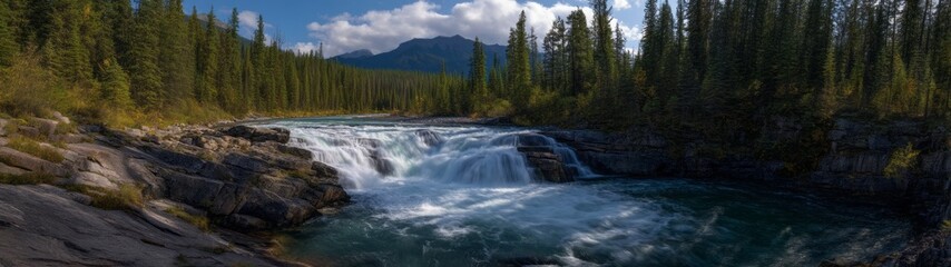 Dynamic waterfall scene rocky terrain hdr panoramic view nature 360-degree landscape
