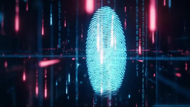 Digital fingerprint glowing blue with red data streams in the background, representing cybersecurity and biometric identification