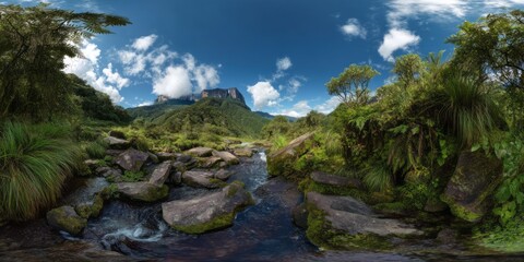 Exported hdr 360-degree panoramic scene of slender stream in lush nature landscape