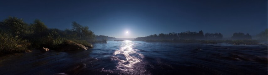Stunning hdr panoramic scene of moonlit river nature 360-degree view serene environment