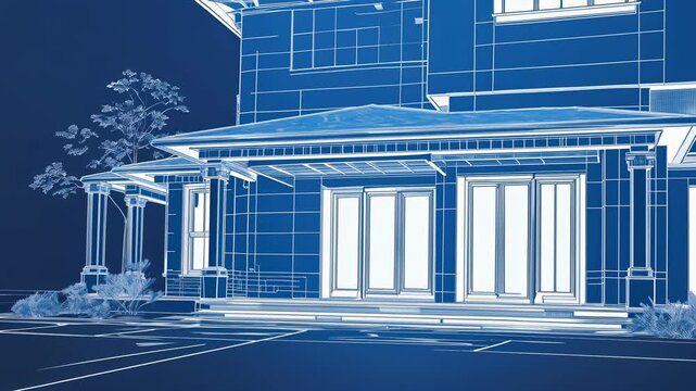 Architectural blueprint of a modern two-story house with detailed design features and landscaping elements