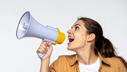 Woman holding a megaphone and shouting, expressing enthusiasm and making an announcement