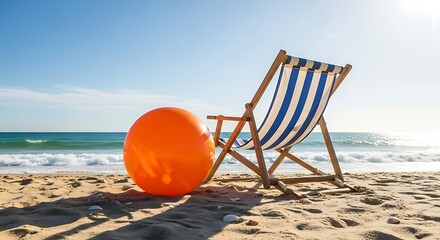 Obraz premium Beach Chair and Orange Ball on Sandy Shoreline.