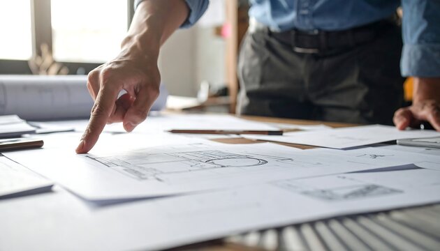 Architect reviewing blueprints - Powered by Adobe