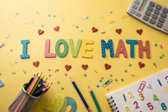 Colorful arrangement of letters spelling 'I LOVE MATH' surrounded by stationery on a bright yellow background