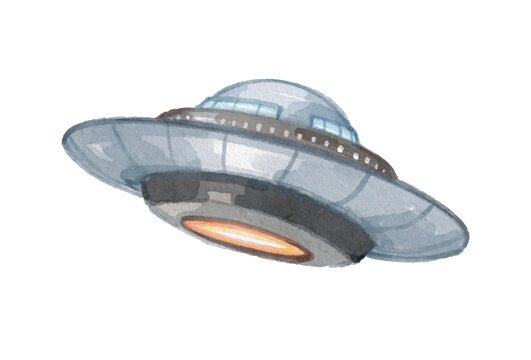 Watercolor ufo alien space ship isolated on white background