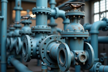 Fototapeta premium Metal pipes in an industrial building. Industrial concept background. AI