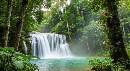 Wide Jungle Waterfall Surrounded by Rainforest Trees